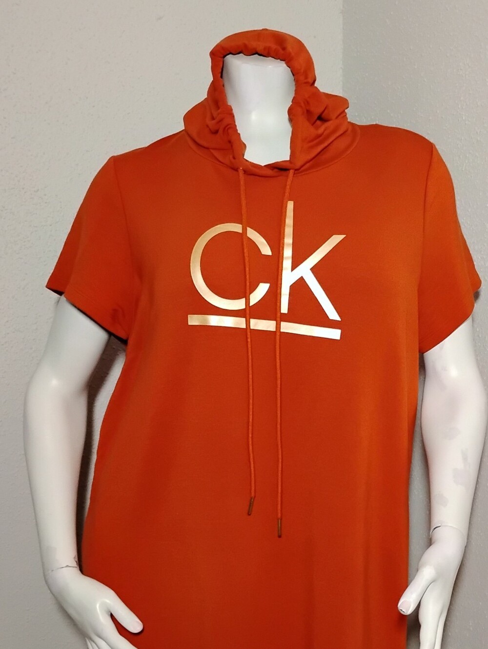 Calvin Klein Orange Short-Sleeve Hooded T-Shirt Dress with Metallic CK Logo - Picture 2 of 2